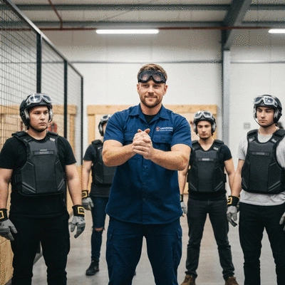Trained staff member demonstrating safe axe throwing technique to participants in a supervised environment