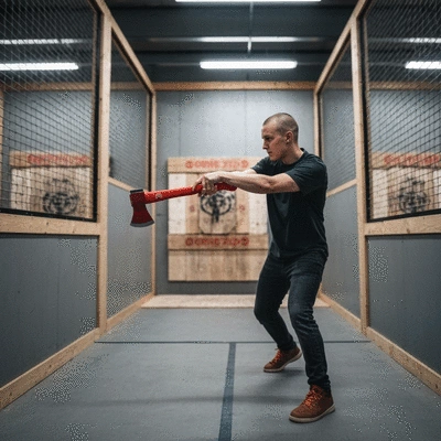 Person using one-handed axe throwing technique, focused and agile, in an axe throwing range