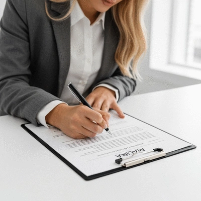 Person signing a waiver document on a clipboard, focus on the document and pen, no text, no words, no typography, clean image