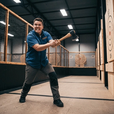 Person throwing an axe at a target during a competition, focused and accurate