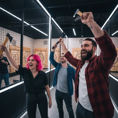 Group of friends celebrating a successful axe throw at a modern indoor axe throwing range, diverse group, dynamic and joyful expressions, no text, no words, no typography, 8K