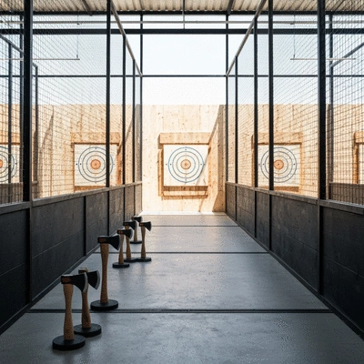 Modern axe throwing lane with targets and axes, and safety barriers