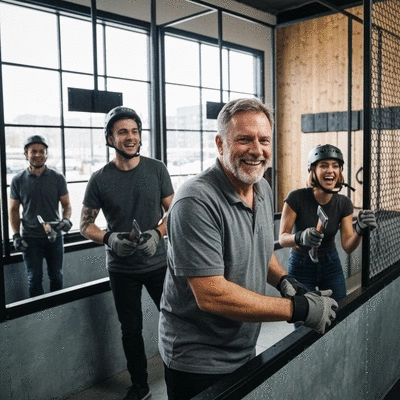 Group of friends in an axe throwing venue, safely enjoying the activity under supervision, with clear safety barriers and happy expressions.