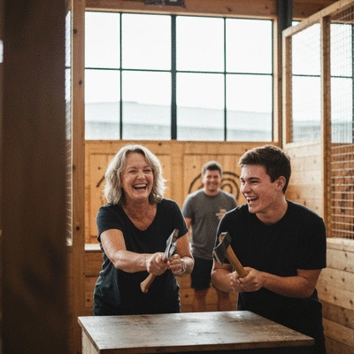 Lively atmosphere at an axe throwing venue with people laughing and throwing axes