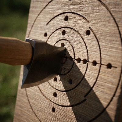 Close up of an axe hitting the bullseye on a wooden target, showing accuracy