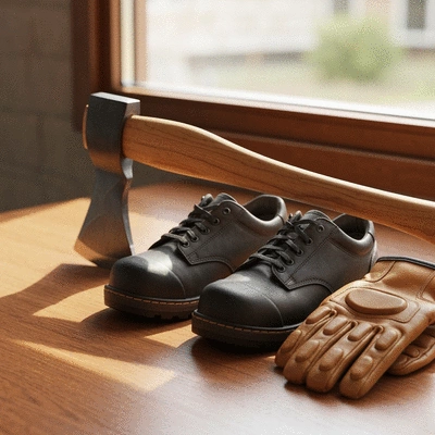 Close-up of essential axe throwing gear including a well-maintained axe, protective gloves, and sturdy closed-toe shoes, on a wooden surface, no text, no words, no typography, 8K