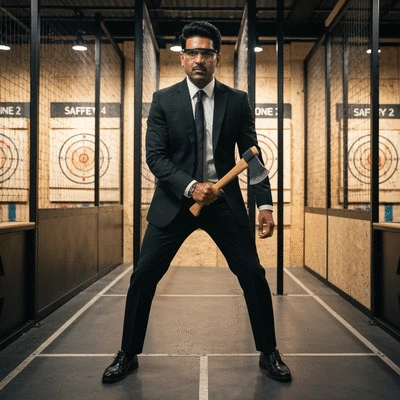 Person wearing closed-toe shoes and safety glasses, preparing to throw an axe at a target, with clear lanes and safety zones visible in a well-lit indoor axe throwing venue.
