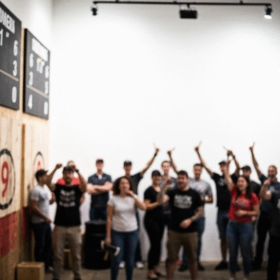 Axe throwing tournament score board with blurred background of people enjoying the event, no text, no words, no typography, clean image