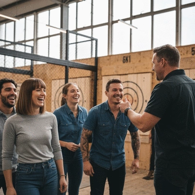 Group of friends enjoying axe-throwing with a coach