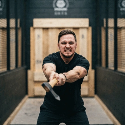 Person throwing an axe at a target, blurred background, focus on axe in motion, no text, no words, no typography, 8K