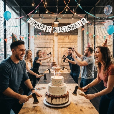 Friends celebrating a themed birthday party at an axe throwing venue with decorations