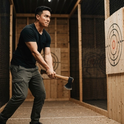 Person using two-handed axe throwing technique, powerful and controlled, in an axe throwing range
