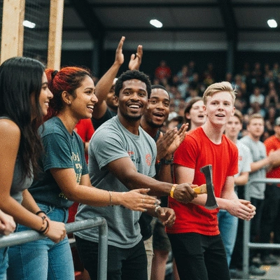 Diverse group of people cheering on an axe thrower at a competition, well-lit indoor venue, dynamic and exciting atmosphere, no text, no words, no typography, 8K