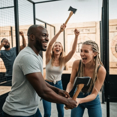 Group of friends enjoying an axe throwing event, laughing and cheering